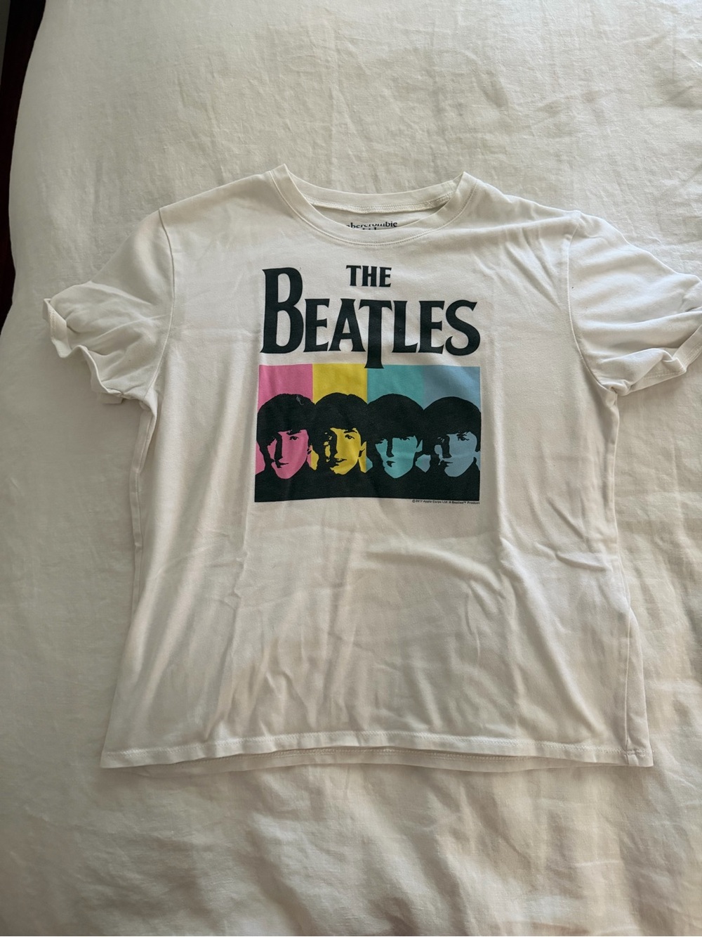 abercrombie kids White Beatles Graphic Tee with Pink/Yellow/Blue Accents